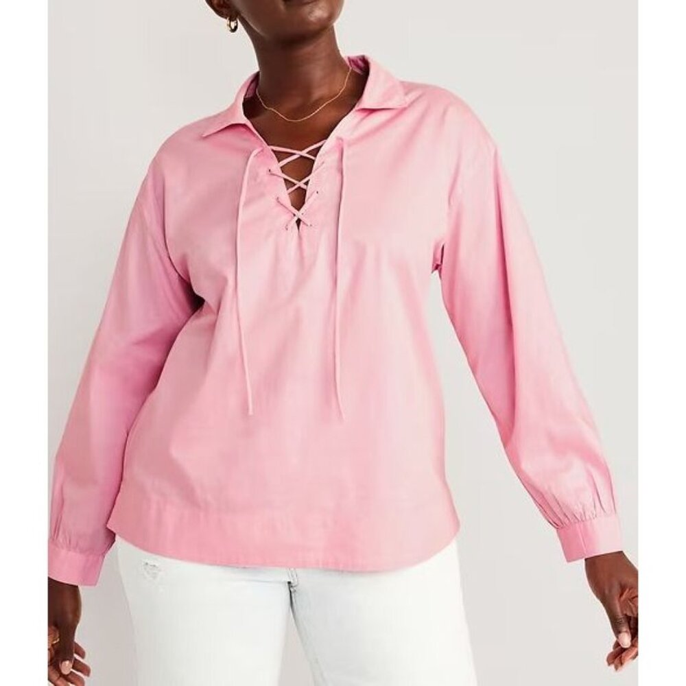 Old Navy Womens Plus XXL Pink‎ Cotton Lace Up Pullover Blouse Long Sleeve Shirt